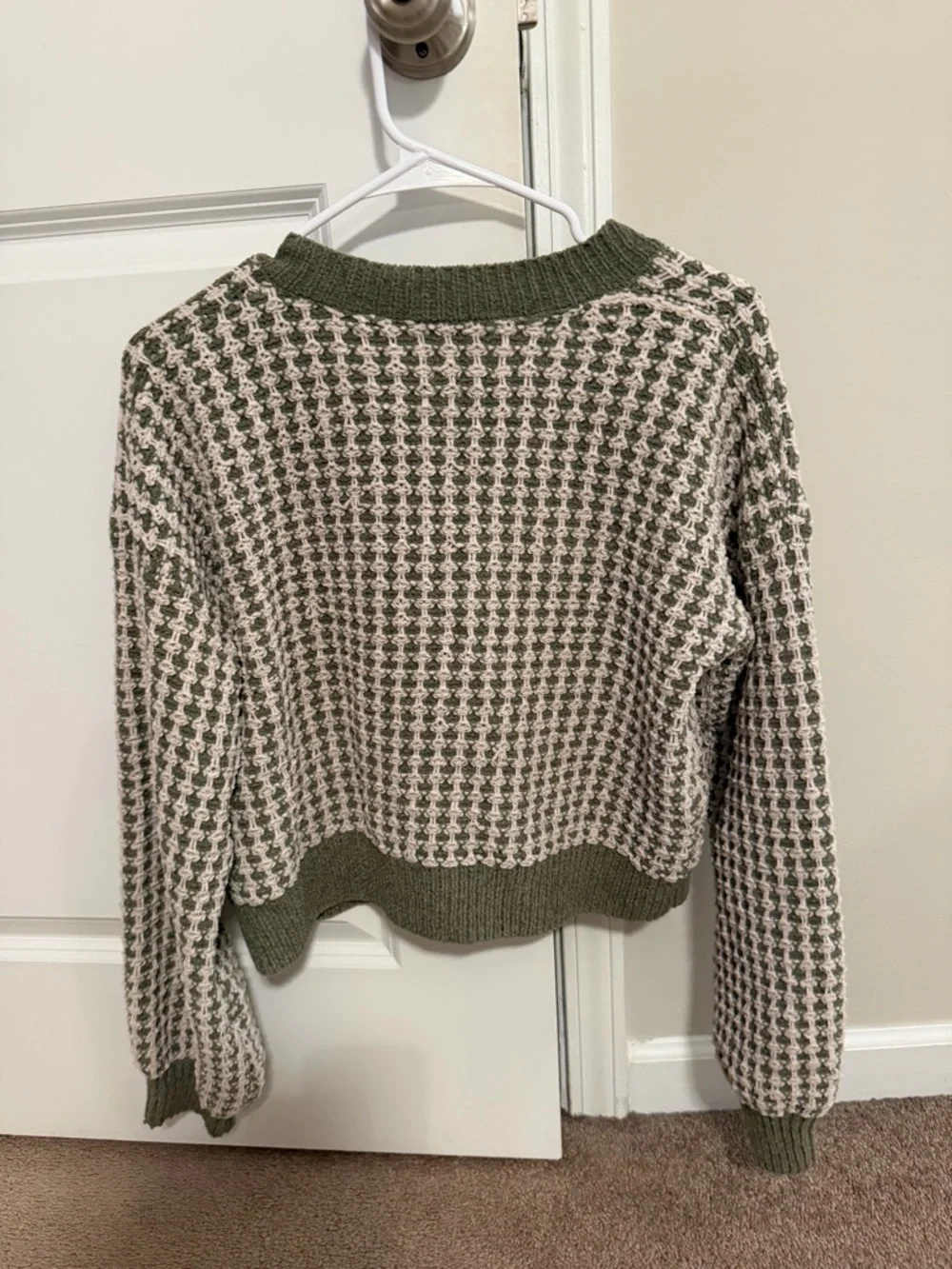 Olive and Cream Knit V-Neck Cardigan Sweater - Picture 2 of 3